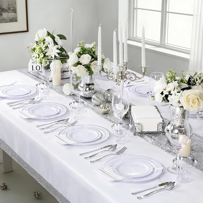 GATHER 176 Pieces Silver Plates - Disposable Silver Plastic Plates Includes 50 Plates, 75 Silverware, 25 Napkins, 25 Silver Rimmed Cups and 1 Tablecloth Perfect for Party & Weding