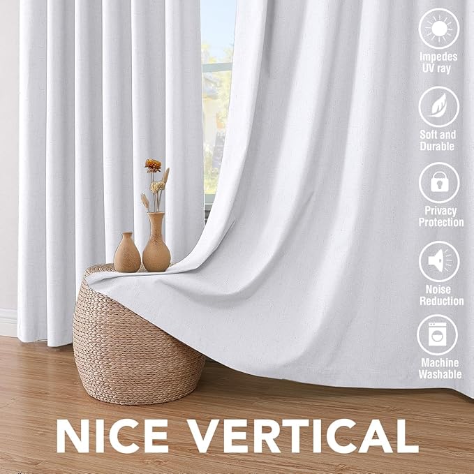 H.VERSAILTEX Linen Blackout Curtains 54 Inches Long 100% Blackout Thermal Insulated Textured Linen Look Curtain Draperies Anti-Rust Grommet, Energy Saving with White Liner, 2 Panels, Bright White