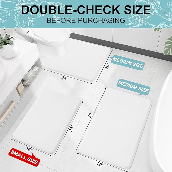 Smiry Memory Foam Bath Mat 47x32, Extra Soft and Absorbent Bathroom Mats, Non Slip Washable Carpet for Floor, Shower and Tub, White