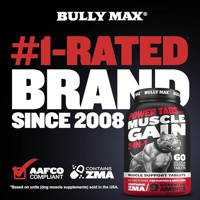 Bully Max 2-in-1 Muscle Builder Chewable Tablets for Dogs - Puppy & Dog Vitamins, Supplements for Muscle Gain & Growth - Canine Multivitamins Essentials for All Breeds & Ages - 60 Tabs, 2 Bottles