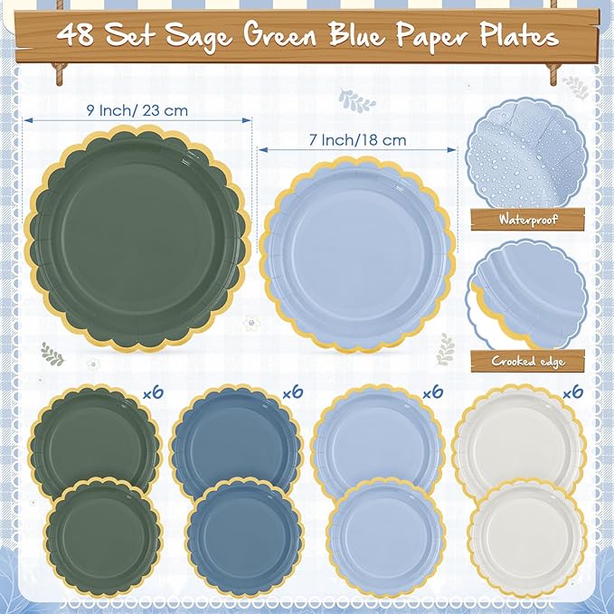 Mimorou 342 Pcs Blue and Green Party Supplies Dusty Tableware Paper Disposable Plates Napkins Cups Plastic Tablecloth Blue and Green Golden Triangle Banner for Wedding Bachelorette Birthday