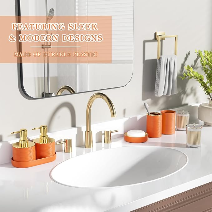Bathroom Set, 10PC Bathroom Accessory Set, Orange Bathroom Accessories, Orange and Gold Bathroom Set with Trash Can, Soap Dispensers
