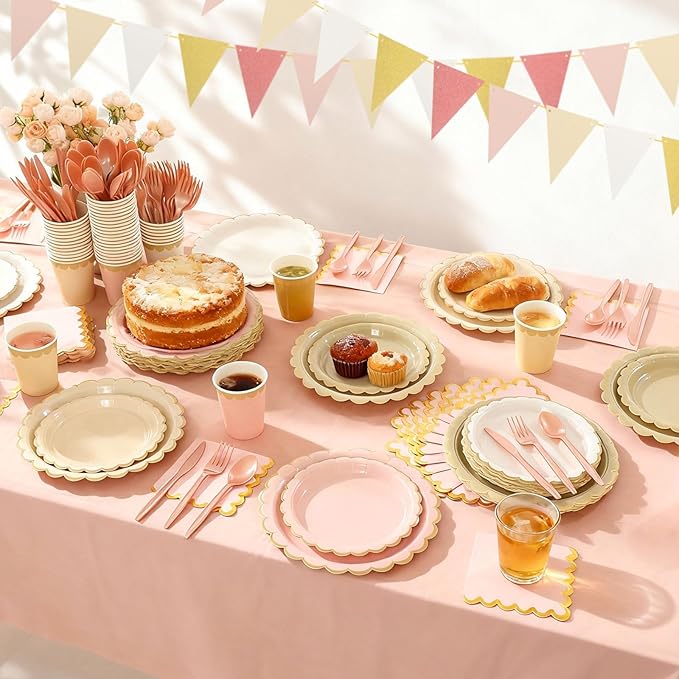 Mimorou 342 Pcs Champagne-Gold Beige Party Supplies Rose Gold Tableware Paper Disposable Plates Napkins Cups Plastic Tablecloth Pink Boho Triangle Banner for Wedding Bachelorette Birthday