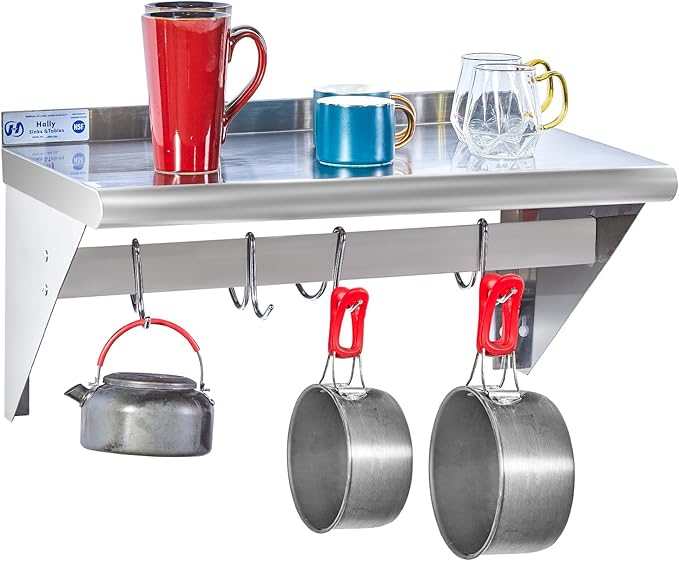 Hally Stainless Steel Shelf with 4 Hooks 14" x 24" Wall Mounted Pot Rack 250lb, NSF Commercial Floating Shelving for Storage Hanging Pots, Pans, cookware in Restaurant, Kitchen, Home and Hotel