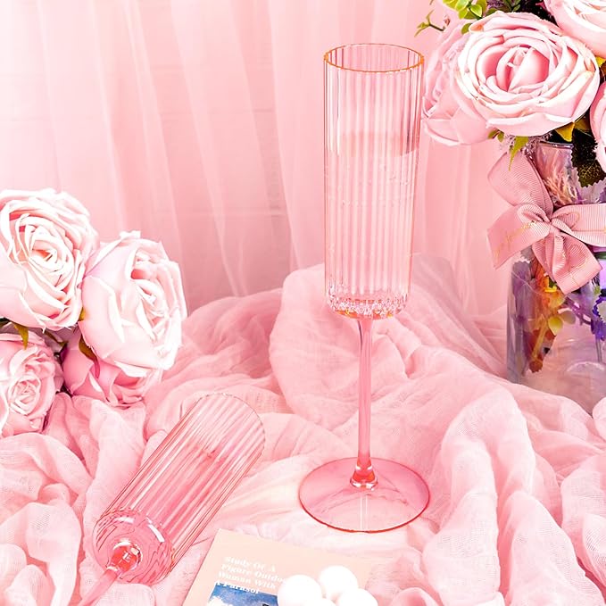 36 Pack Pink Plastic Champagne Flutes - 6oz Ribbed Disposable Champagne Glasses - Clear Pink Vintage Mimosa Glasses with Long Stem Elegant & Lightweight for Wedding Party