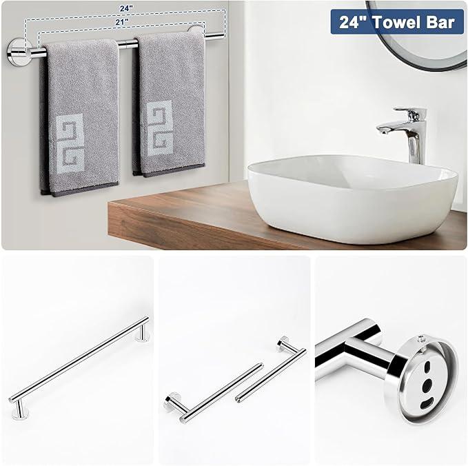 NearMoon 5 Pieces Bathroom Hardware Set SUS304 Thicken Stainless Steel-Towel Rack Kit Include 24" Towel Rod + Bath Towel Ring + Toilet Paper Holder +2 Robe Towel Hooks Bath Accessories (Chrome Finish)