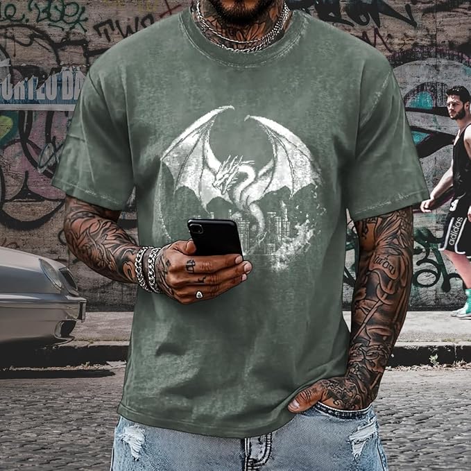 Mens Dragon Grpahic T-Shirts Short Sleeve 100% Cotton Crewneck Big and Tall Outdoor Summer Quick Dry Undershirts