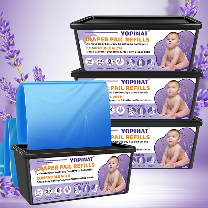 Diaper Easy Roll Bags Refill 4 Pack Compatible with Genie Easy Roll Signature & Platinum Pails 120 Refills Holds Up to 5600 Newborn Diapers Extra Thickness 7-Layer Odor-Lock Technology
