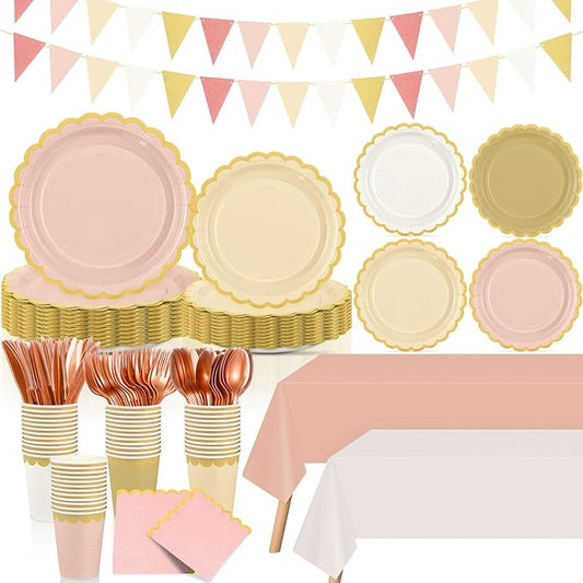 Mimorou 342 Pcs Champagne-Gold Beige Party Supplies Rose Gold Tableware Paper Disposable Plates Napkins Cups Plastic Tablecloth Pink Boho Triangle Banner for Wedding Bachelorette Birthday