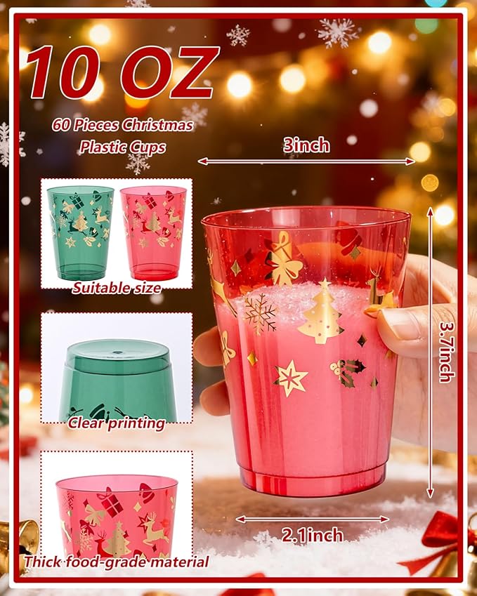 Ciaell 60 Pack Christmas Plastic Cups - 10 Oz Red and Green Disposable Cups - Christmas Wine Glasses for Xmax Party Supplies