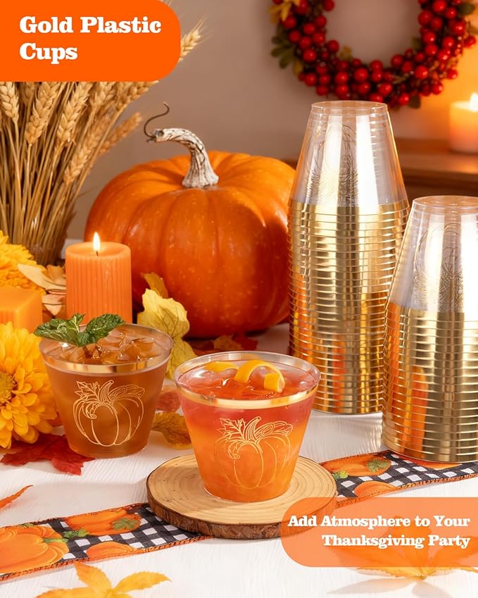 Ciaell 60 PCS Gold Plastic Cups - 9Oz Heavy Duty Plastic Cups - Thanksgiving Disposable Cup - Disposable Clear Wine Cup with Gold Pumpkin for Party & Thanksgiving