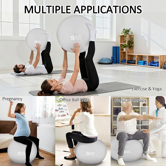 Gruper Yoga Ball, Multiple Sizes Non Slip Exercise Ball for Workout, Birthing, Balance, Stability, Pregnancy, 2200LB Capacity, Anti Burst Chair for Home and Office, Includes Quick Pump & Fitness Guide