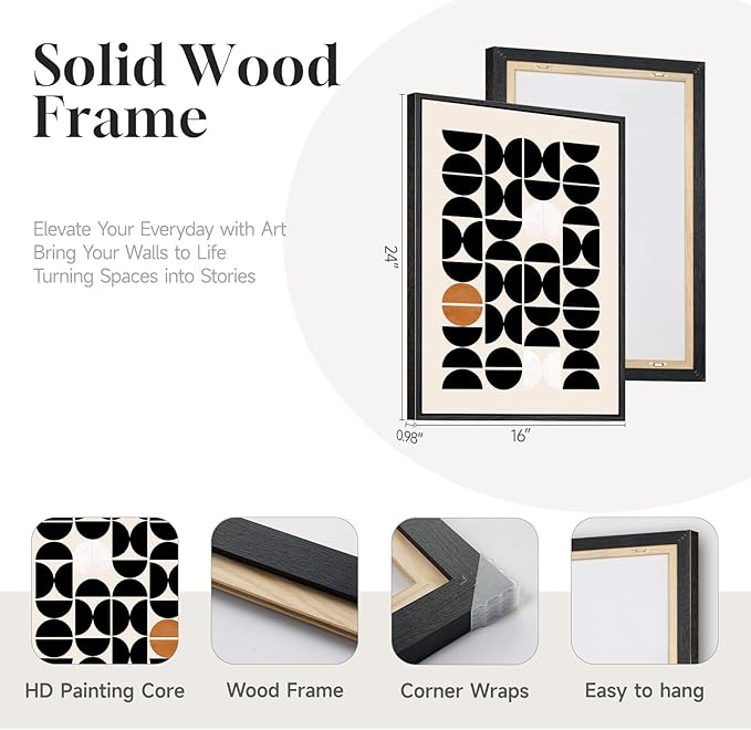 Framed Orange Abstract Wall Art for Living Room, Boho 3 Piece Large Black and White Geometric Canvas Painting Prints, Minimalist Botanical Sun Artworks for Bedroom Hallway Office Wall Decor