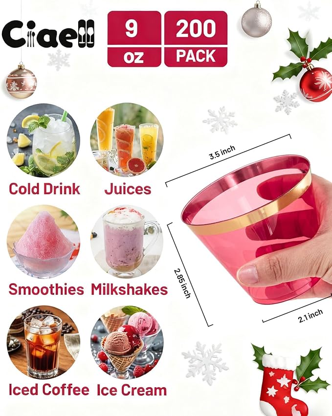 Ciaell 200PCS Red Plastic Cups - 9 Oz Gold Plastic Cups - Heavy Duty Gold Rimmed Disposable Cup - Disposable Wine Glasses with Gold Rim for Party & Wedding & Christmas