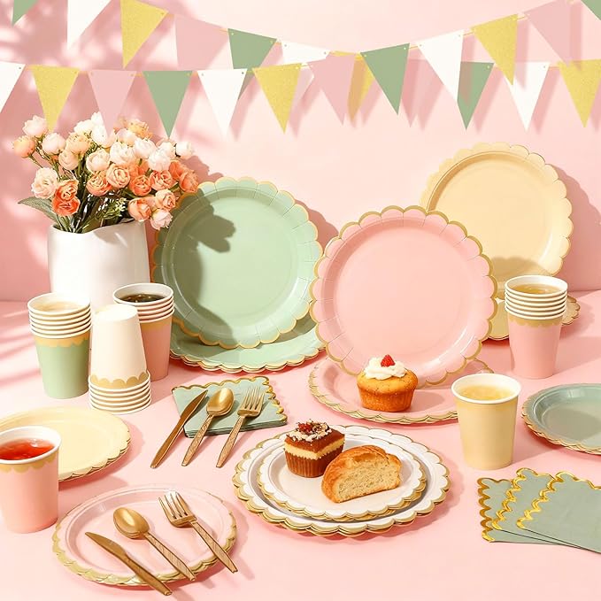 Mimorou 342 Pcs Sage Green and Pink Party Supplies Green and Pink Tableware Paper Disposable Plates Napkins Cups Plastic Tablecloth Sage Golden White Triangle Banner for Wedding Bachelorette Birthday