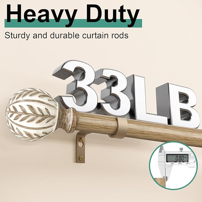 Boho Wood Curtain Rods for Windows 48 to 84 inch,1" Adjustable Heavy Duty Window Curtain Rod with Imitation Wood Grain Finials,Rustic Decorative Drapery Rods Set,Size:36-88'',Weathered Wood