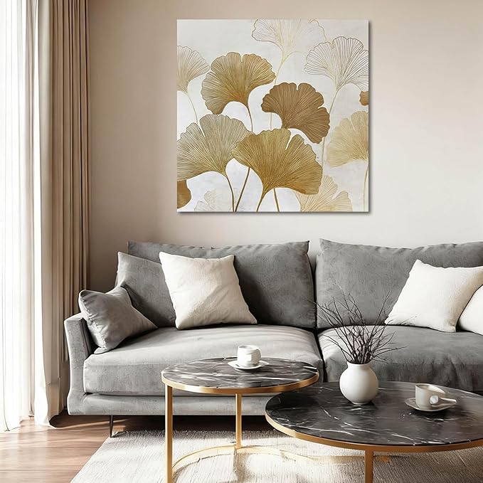 ZENPEE Beige Ginkgo Botanical Wall Art, Canvas Print, Neutral Floral Home Decor for Living Room Bedroom, Ready to Hang, Framed, 24 x 24 Inches
