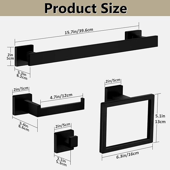 Homikit Matte Black Bathroom Hardware Set, 5-Piece SUS304 Stainless Steel Wall Mounted Bath Towel Bar Accessories Set, 16 Inch Towel Rack, Toilet Paper Holder, Towel Ring, Hooks