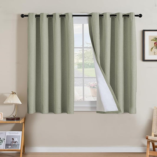 H.VERSAILTEX Linen Curtains 100% Blackout Curtains for Bedroom 45 inch Long Full Light Blocking Nature Linen Blended Window Curtains for Living Room Nickel Grommet (2 Panels, Heathered Tea)
