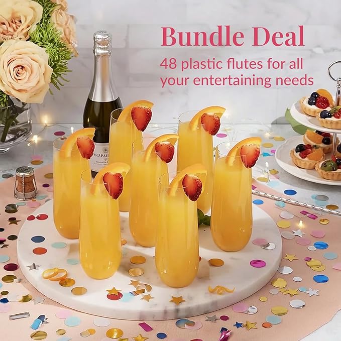 Prestee 48 Pack Plastic Champagne Flutes 9 oz - Stemless Disposable Champagne Flutes for Cocktails Mimosa Bar and Party Supplies - Clear Shatterproof Plastic Wine Glasses for Wedding and Summer Party