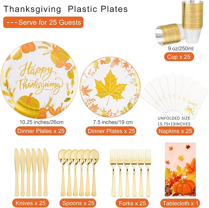 GATHER 176 Pieces Thanksgiving Plates- Disposable Gold Plastic Silverware- Thanksgiving Dinnerware with Maple Leaves Include 50 Plates 75Plastic Silverware 25Cups 25 Napkins and 1 Tablecloth