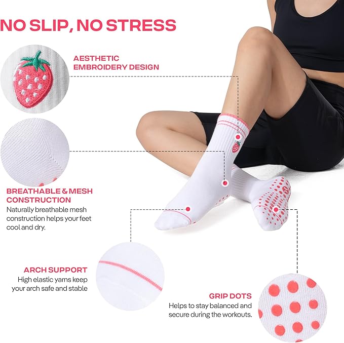 CoolMate Pilates Socks with Grips for Women, Yoga Socks, Crew Non Slip Women for Barre, Pilates Gifts