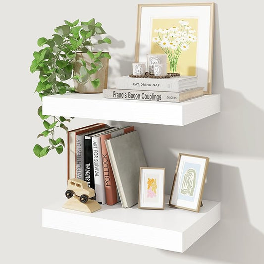 Axeman 16Inch Floating Shelves for Wall, 2 Pack Shelves for Bedroom, Bathroom, Kitchen, Hanging Wall Mounted Rustic Wood Shelf with Invisible Brackets for Books Decor, White