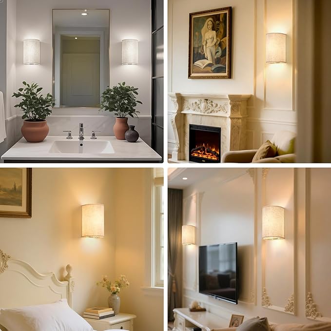 OCATO Battery Operated Wall Sconce: Wireless Wall Sconces Set of Two Magnetic Lamp Rechargeable Lights Dimmable with 16 RGB Colors Fabric Linen Shade with Remote Walls Decor for Bedroom Living Room