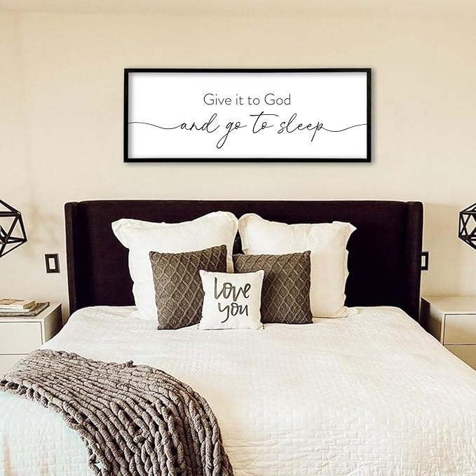 Give It To God And Go to Sleep Wall Decor 40"X15" Master Bedroom Above Bed Large Wood Framed Sign Rustic Guest Room Over Bed Wall Hanging Art (Black)