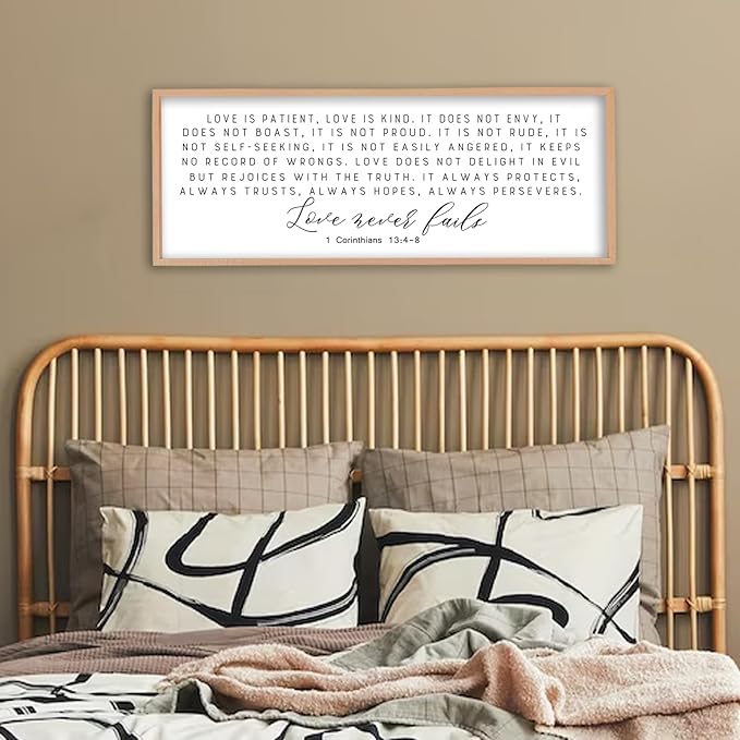 Love is Patient Kind Sign Wall Art 40"X15" 1 Corinthians 13 Bible Verse for Bedroom Above Over Bed Christianity Large Wood Framed Wall Hanging Decor (Wood）