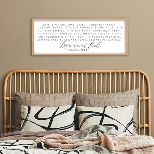 Love is Patient Kind Sign Wall Art 40"X15" 1 Corinthians 13 Bible Verse for Bedroom Above Over Bed Christianity Large Wood Framed Wall Hanging Decor (Wood）