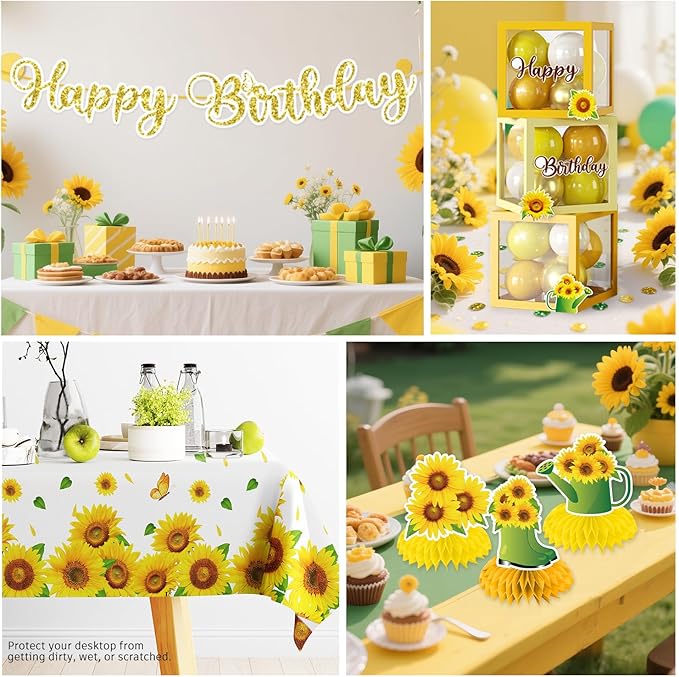 297pcs Sunflower Birthday Decorations-Serves 25, All-in-one Sunflower Party Decorations with 350gsm Plate, Backdrop, Tablecloth, Banner, Balloon, Balloon Box, Centerpiece, Cake Topper, Etc