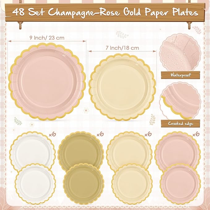 Mimorou 342 Pcs Champagne-Gold Beige Party Supplies Rose Gold Tableware Paper Disposable Plates Napkins Cups Plastic Tablecloth Pink Boho Triangle Banner for Wedding Bachelorette Birthday