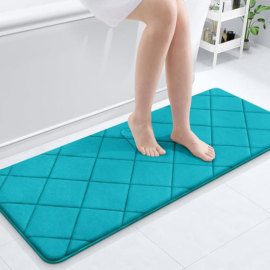 OLANLY Memory Foam Bath Mat 47x20, Ultra Soft and Absorbent Bathroom Rugs, Machine Washable, Comfortable Bath Carpet for Bathroom Floor, Tub and Shower, Teal