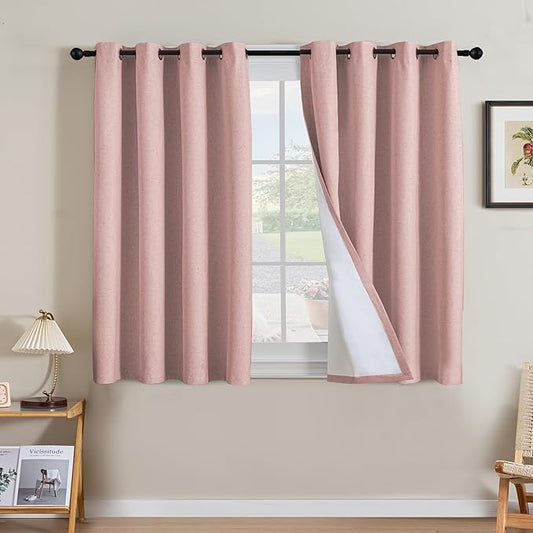 H.VERSAILTEX Linen Curtains 100% Blackout Curtains for Bedroom 45 inch Long Full Light Blocking Nature Linen Blended Window Curtains for Living Room Nickel Grommet (2 Panels, Heathered Baby Pink)