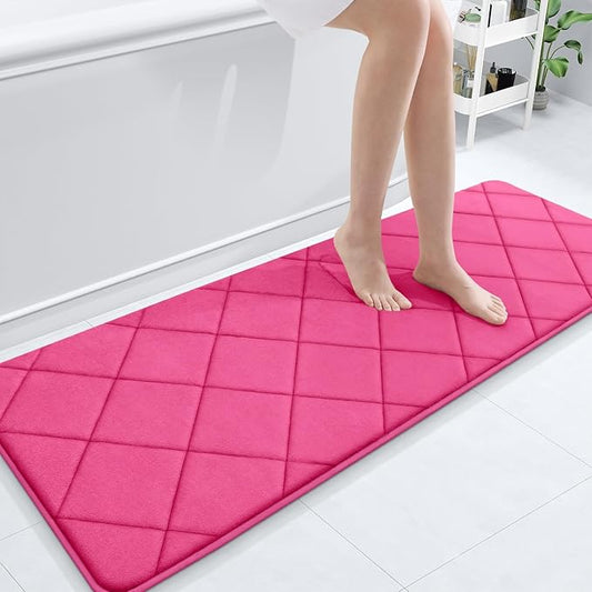 OLANLY Memory Foam Bath Mat 59x20, Ultra Soft and Absorbent Bathroom Rugs, Machine Washable, Comfortable Bath Carpet for Bathroom Floor, Tub and Shower, Deep Pink