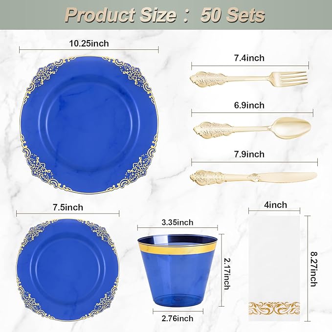 350PCS Clear Blue Plastic Plates for 50 Guests, Disposable Plates with Gold Trim include 50 Dinner and Dessert Plates, 150 Gold Silverware, 50 Cups, 50 Napkins for Party, Wedding & Graduation