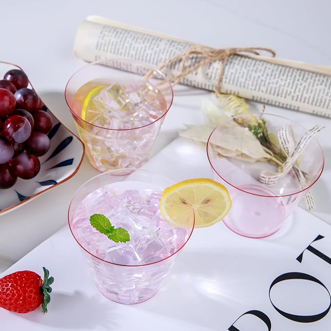 Ciaell 300PCS Clear Pink Plastic Cups - 9 Oz Heavy Duty Plastic Cups - Clear Party Cup Disposable Wine Cup for Parties & Weddings & Party