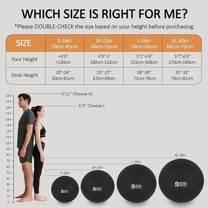 Gruper Yoga Ball, Multiple Sizes Non Slip Exercise Ball for Workout, Birthing, Balance, Stability, Pregnancy, 2200LB Capacity, Anti Burst Chair for Home and Office, Includes Quick Pump & Fitness Guide