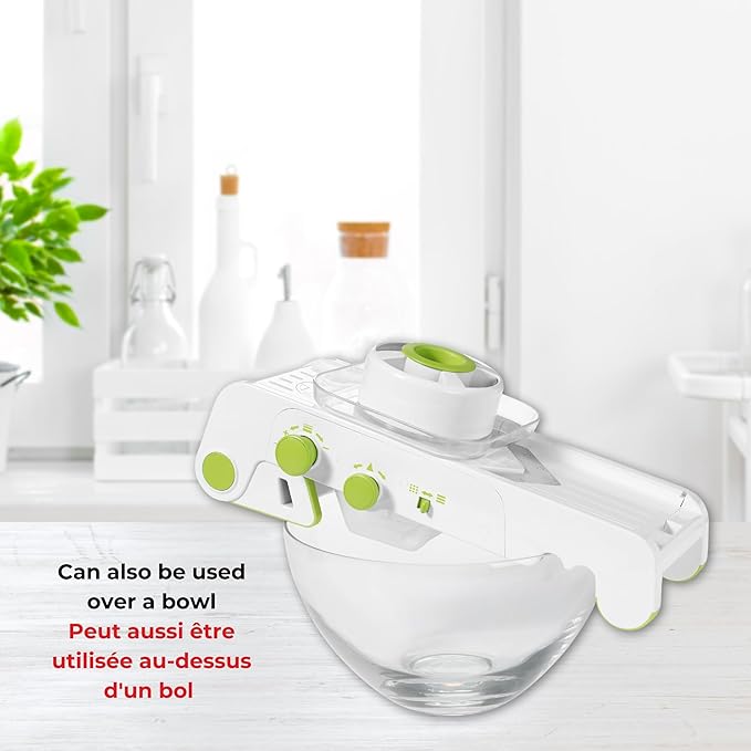 Starfrit Cubing Pro Mandoline Slicer, Dicer - 4 Blades & Graters with Storage Box - Straight & Crinkle V-Blades, Fine & Coarse Graters - 10 Thickness Settings, 3 Julienne Sizes - Self-Feeding Pusher