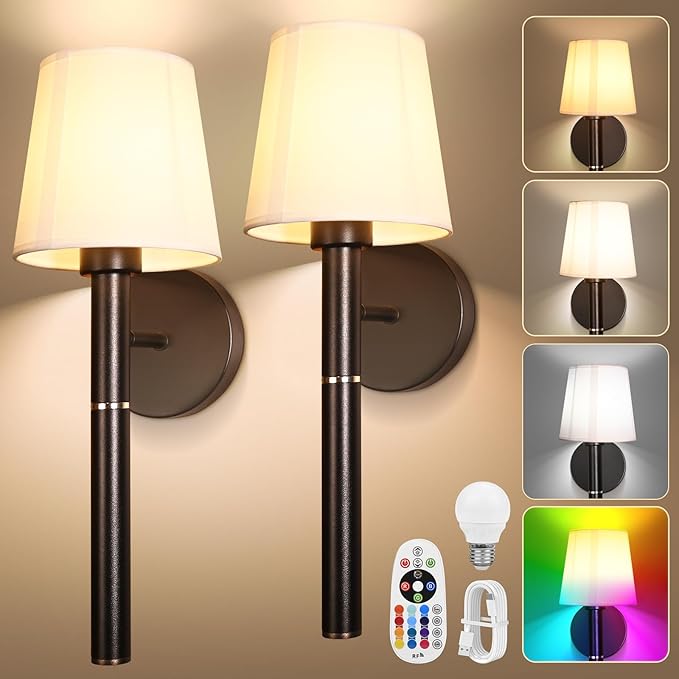 Battery Operated Wall Sconce Set of 2, 5200mAh RGB Wireless Wall Lights with Detachable Charging Stick & Dimmable Bulbs, 12 Colors Rechargeable Wall Lamps for Bedroom Living Room Hallway Decor, Black