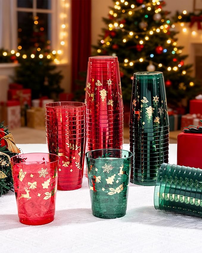 Ciaell 60 Pack Christmas Plastic Cups - 10 Oz Red and Green Disposable Cups - Christmas Wine Glasses for Xmax Party Supplies