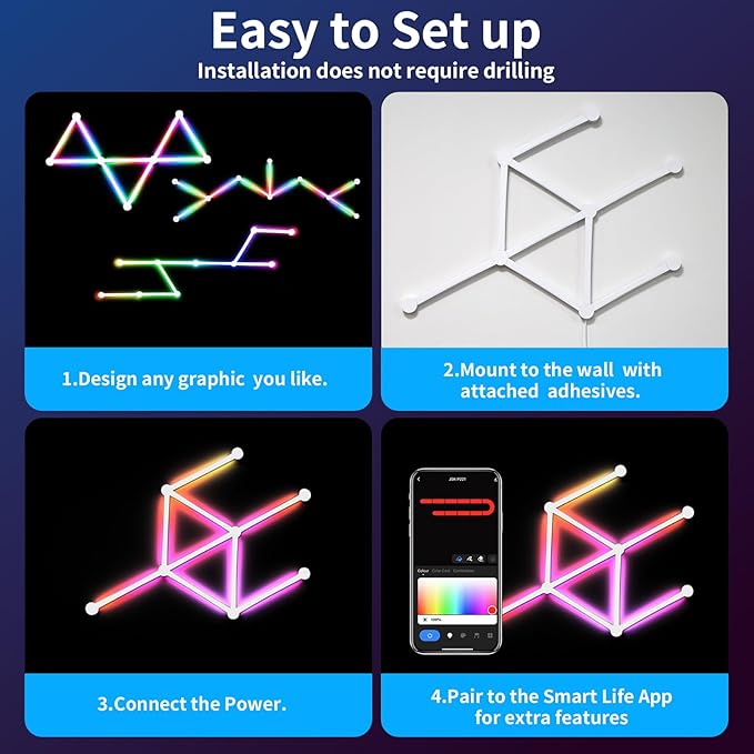 Smart WiFi Wall Light, DIY Geometry Splicing Gaming Lights Compatible with Alexa and Google Assistant, Music Sync & Voice Control, LED Wall Lights for Home Decor & Game Room, Bedroom (9 Lines, White)