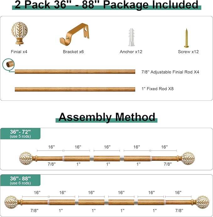 2 Pack Boho Wood Curtain Rods for Windows 48 to 84 inch,1" Adjustable Heavy Duty Window Curtain Rod with Imitation Wood Grain Finials,Rustic Decorative Drapery Rods Set 36-88'',Maple Wood