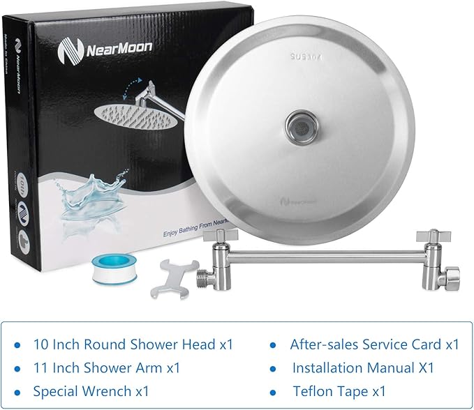 NearMoon Rain Shower Head with 11'' Adjustable Arm, High Pressure Stainless Steel Rainfall Shower, Ultra-Thin Design - Pressure Boosting (10 Inch, Nickel)