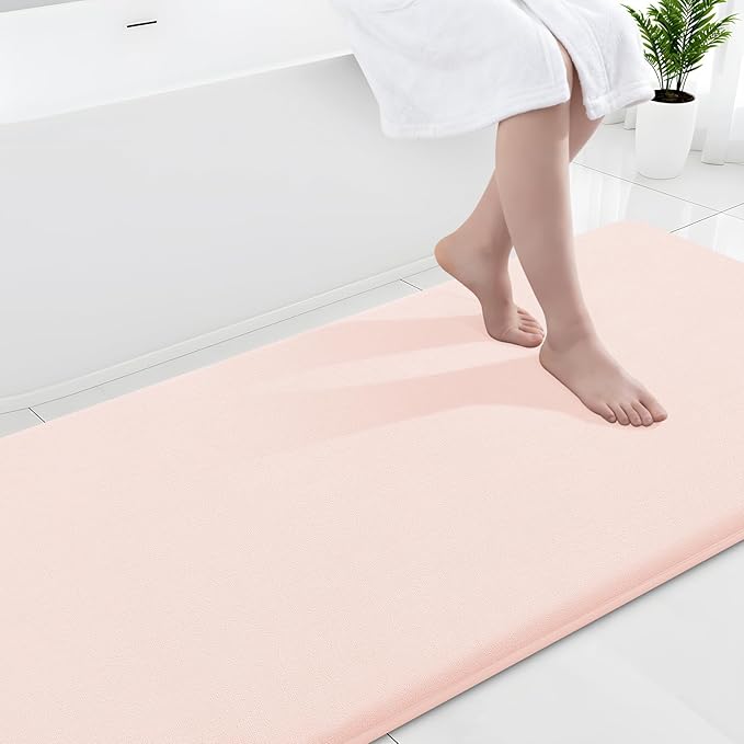 Smiry Memory Foam Bath Mat 59x24, Extra Soft and Absorbent Bathroom Mats, Non Slip Washable Carpet for Floor, Shower and Tub, Pink