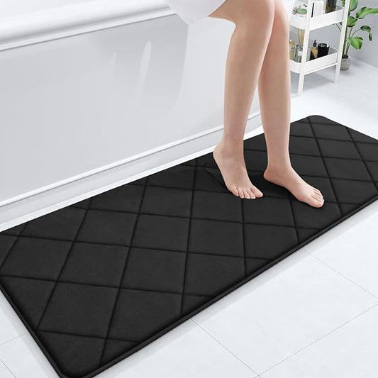OLANLY Memory Foam Bath Mat 59x20, Ultra Soft and Absorbent Bathroom Rugs, Machine Washable, Comfortable Bath Carpet for Bathroom Floor, Tub and Shower, Black