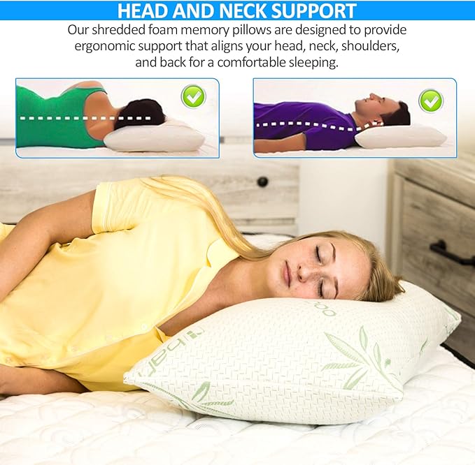 Queen Size Rayon Derived from Bamboo Pillow, Cooling Shredded Memory Foam Bed Pillows Sets for Back, Stomach, Side Sleepers, Adjustable to Soft/Firm, Washable Cover, Queen (Pack of 1)