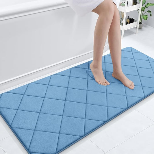 OLANLY Memory Foam Bath Mat 59x24, Ultra Soft and Absorbent Bathroom Rugs, Machine Washable, Comfortable Bath Carpet for Bathroom Floor, Tub and Shower, Blue