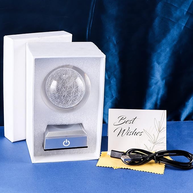 Qianwei Flower of Life Crystal Sphere with Led Colorful Lighting Touch Base, Sacred Geometry Crystal Ball Starlight Magic, Feng Shui Decor Laser Engraved Seek of Flower Inside A Sphere